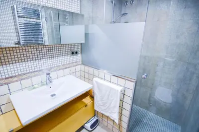 a bathroom with a sink and a shower at Touch the Sky in Hospitalet de Llobregat