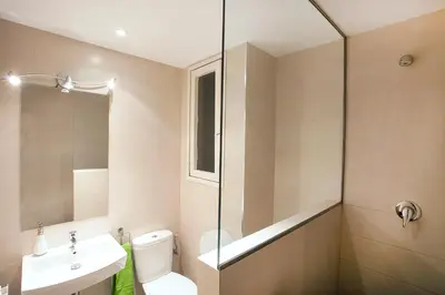 a bathroom with a shower and a toilet and a sink at Sant Jordi Apartments Sagrada Familia in Barcelona