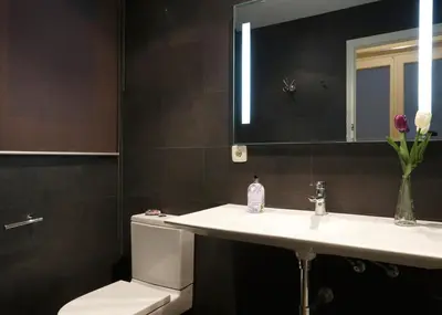 a bathroom with a sink and a toilet and a mirror at Apartamentos Olivier in Barcelona