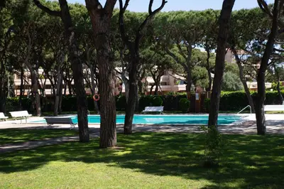 a swimming pool with a bunch of trees in a yard at Wonderful apartment in Gavà. Barcelona in Gavà