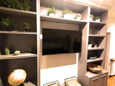 a book shelf with a tv and some plants at Corcega - Sagrada Familia in Barcelona