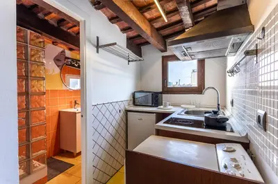 a small kitchen with a stove and a sink at Apartamento La boqueria Atic in Barcelona