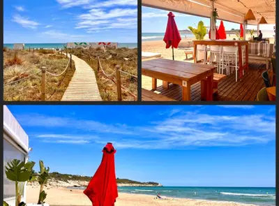 a collage of four pictures of a beach with a red umbrella at Duplex vistas mar con piscina in Sant Pere de Ribes