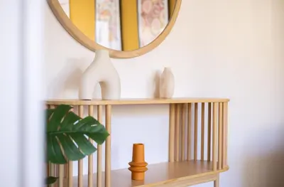 a shelf with a mirror and a plant on it at Stay U-nique Apartment Rossello II in Barcelona