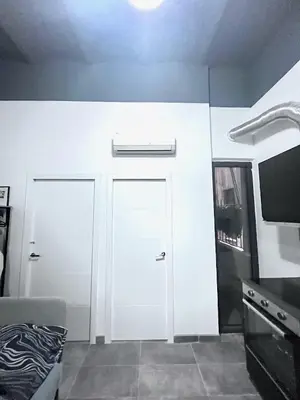 a room with white walls and a door and a tv at Studio Sagrada Familia in Barcelona