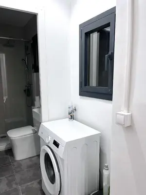 a bathroom with a washing machine and a toilet at Studio Sagrada Familia in Barcelona