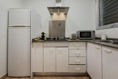 a kitchen with white cabinets and a refrigerator at Plaza España 238 in Barcelona