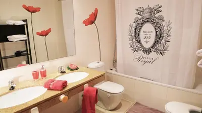 a bathroom with a sink and a toilet and a mirror at ALEXANDRA´s BEACH-PORT in Badalona