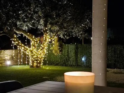 a tree decorated with lights in a yard at night at Cal Sidru Castellolí in Castellolí