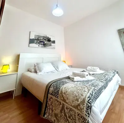 a bedroom with a large bed and a night stand at Apartment carrer d'Olesa in Barcelona