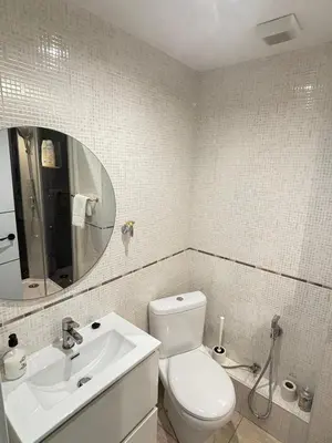 a bathroom with a toilet and a sink and a mirror at Apartamento Forum in Barcelona