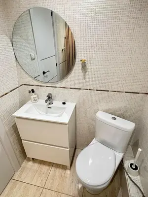 a bathroom with a toilet and a sink and a mirror at Apartamento Forum in Barcelona