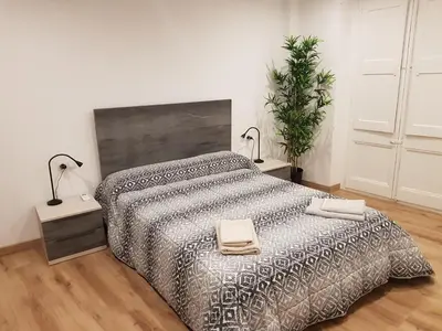 a bedroom with a large bed with two lamps at Pis clar i espaiós in Manresa