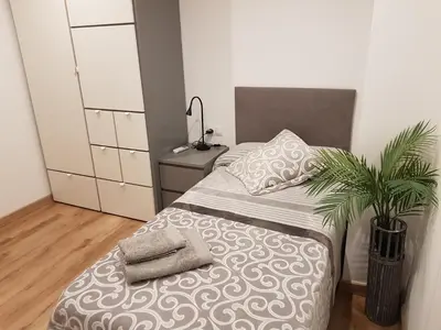 a small bedroom with a bed and a plant at Pis clar i espaiós in Manresa