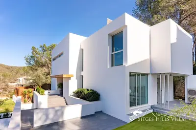 a palm tree in the backyard of a house at Stunning Villa Angeles with Private Pool and AC close to Sitges in Olivella