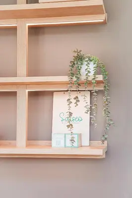 a wooden shelf with a book and a plant at Atenea Living in Mataró