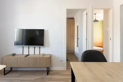 a living room with a flat screen tv on a wall at Lovely Attic With Terrace in Hospitalet de Llobregat