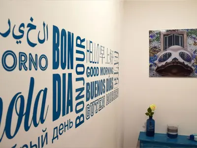 a room with blue and white signs on the wall at Blue Barcelona in Barcelona