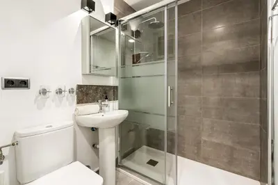 a bathroom with a shower and a toilet and a sink at Precioso Atico Vistas Montjuic in Barcelona