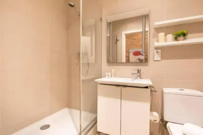 a bathroom with a shower and a sink and a toilet at Canela Homes BARCELONA URQUINAONA in Barcelona