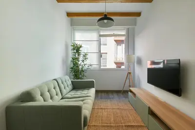a living room with a couch and a flat screen tv at Ol Cute apartment in quiet Olivera st in Barcelona