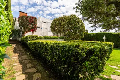 a hedge in front of a white house at Casa Mediterránea con jardín y piscina privada in Masnou