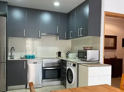 a kitchen with dark blue cabinets and a dishwasher at Apartment Marina in Vilanova i la Geltrú