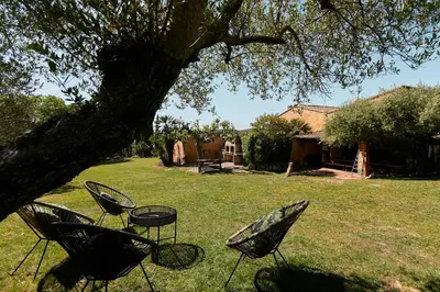 two chairs and a table under a tree in a yard at Cal Mingo in Viladellops