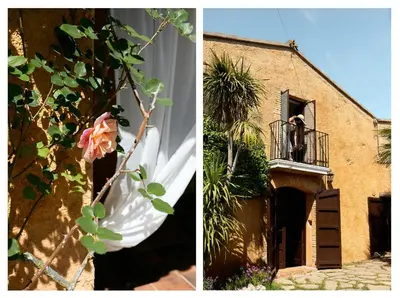 two pictures of a building with a woman on a balcony at Cal Mingo in Viladellops