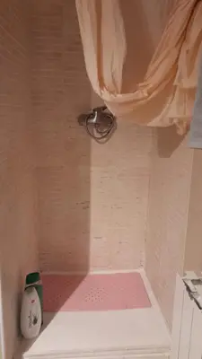 a shower with a curtain and a pink rug at STUDIO VILAFRANCA DEL PENEDES in Vilafranca del Penedès