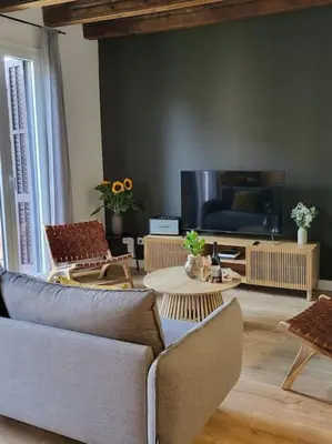 a living room with a couch and a tv at Canela Homes BARCELONA STYLE in Barcelona