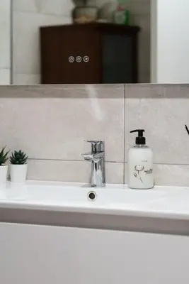 a bathroom sink with a soap dispenser on it at Apartamento Granollers in Granollers