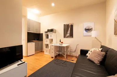 a living room with a black couch and a table at 2762 - AB Park Guell Apartment B-II in Barcelona