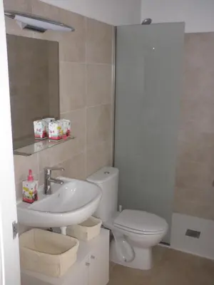 a bathroom with a white toilet and a sink at Apartament Can Batlle in Premiá de Mar