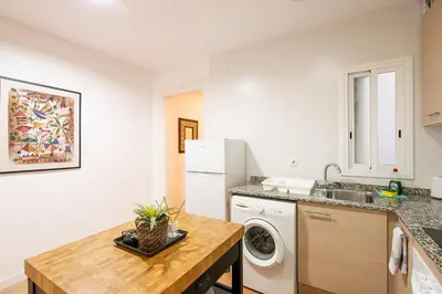 a kitchen with a white refrigerator and a washer and dryer at Beautiful apartment with terrace in Barcelona in Barcelona