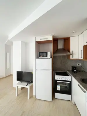 a kitchen with a white refrigerator and a microwave at M2 Apartament cèntric in Terrassa