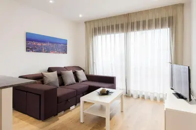 a living room with a brown couch and a tv at Key San Pau House Terrace - Barcelona in Barcelona