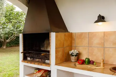 a kitchen with a stove with vegetables on a counter at Casa Fontanals in Pla del Panadés