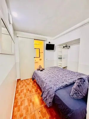 a bedroom with a purple bed and a wooden floor at 033 Basic Barça 3 3 in Barcelona