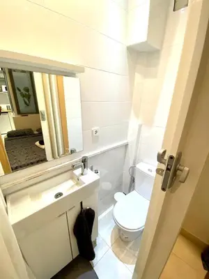 a bathroom with a toilet and a sink and a mirror at 033 Basic Barça 3 3 in Barcelona