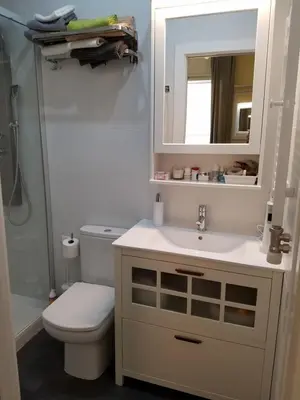 a bathroom with a sink and a toilet and a mirror at Apart 2 bedrooms 2 bathroom 30 nigth min WiFi washmachime elevator AC heather in Barcelona