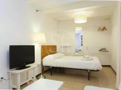 a room with two beds and a flat screen tv at Apartamento para 2 en Gracia in Barcelona