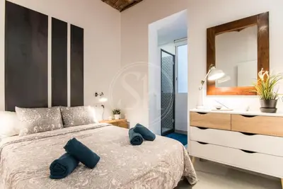 a bedroom with a large bed and a mirror at Acogedor apartamento en el Eixample in Barcelona