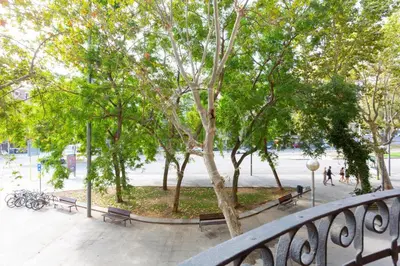 a view of a park with benches and trees at Cozy apartment near Sagrada Familia in Barcelona