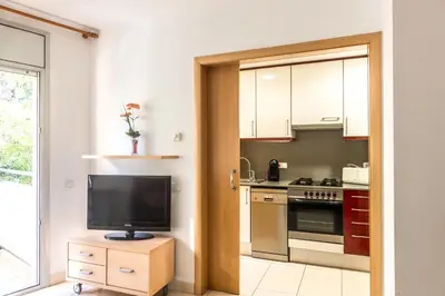 a kitchen with a television and a stove at Apartamentos Navas 2 in Barcelona