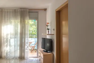 a living room with a tv and a window at Apartamentos Navas 2 in Barcelona