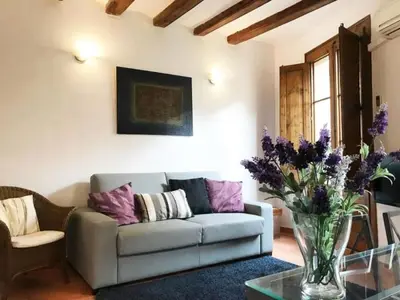 a living room with a couch and a vase of flowers at Luminoso apartamento 1 habitación cerca de Las Ramblas, hasta 4 pers, cocina equipada. - ES-341-6 in Barcelona