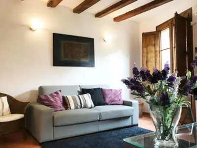 a living room with a couch and a vase of flowers at Luminoso apartamento 1 habitación cerca de Las Ramblas, hasta 4 pers, cocina equipada. - ES-341-6 in Barcelona