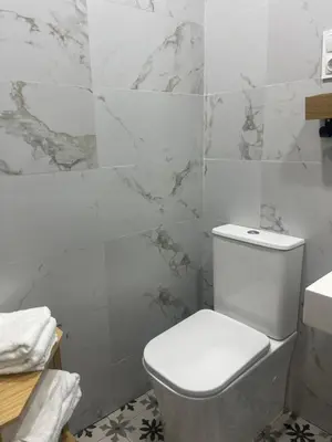 a bathroom with a white toilet and marble walls at Martiapartamento in Hospitalet de Llobregat