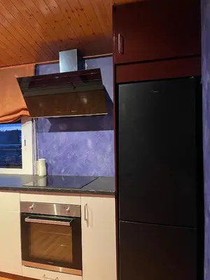 a kitchen with a black refrigerator and a stove at DUPLEX LUMINOSO Y TRANQUILo in El Pont de Vilomara